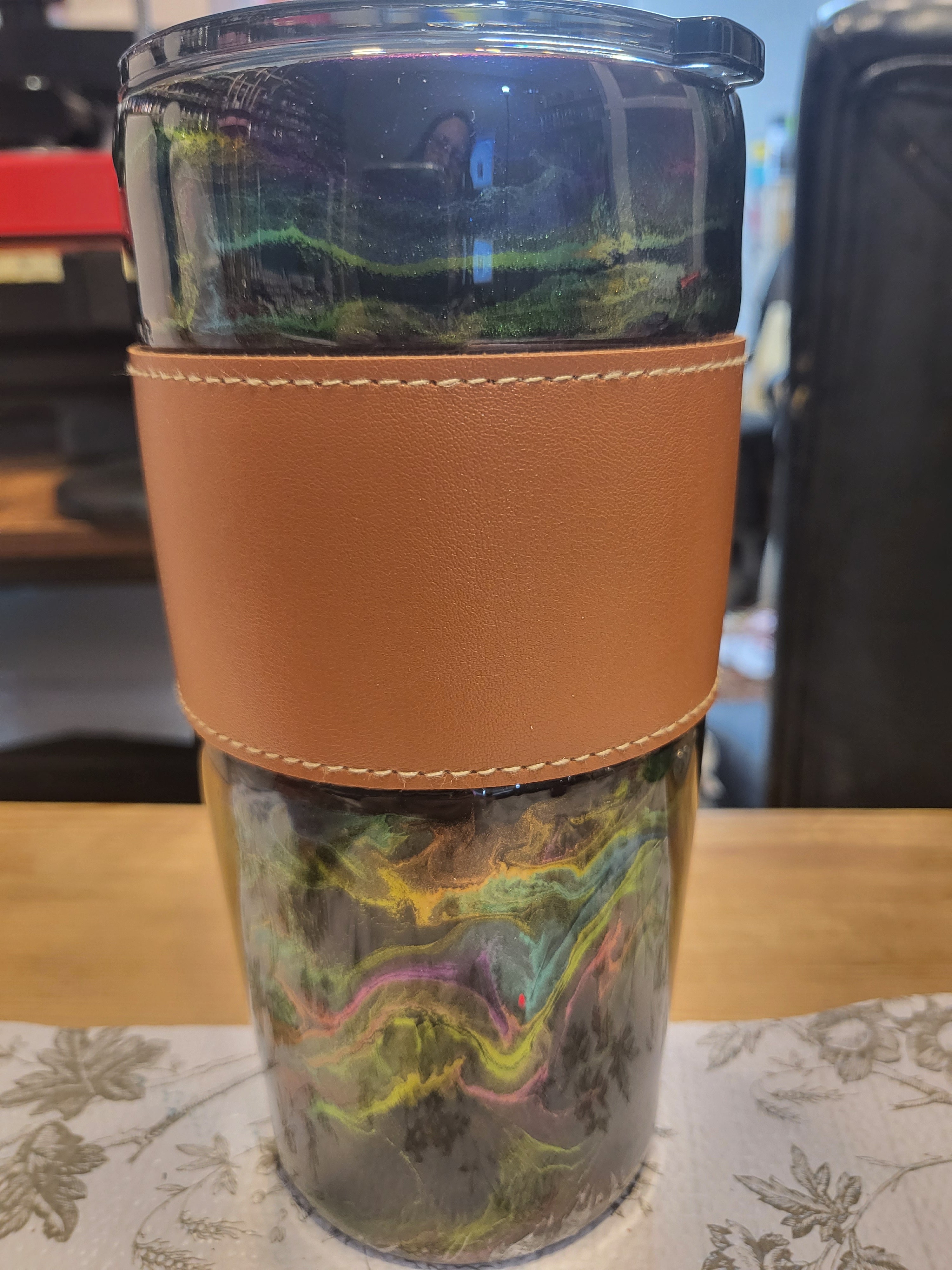 20oz oil slick tumbler with leather sleeve-ready to ship